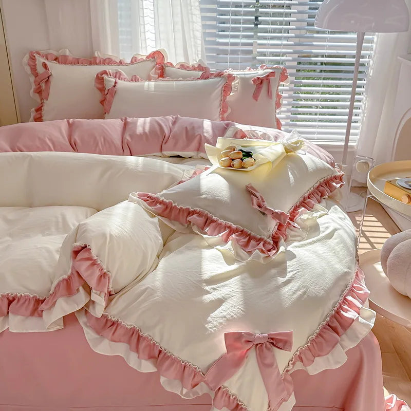 Princess Korean Style Bedding Set with Bow Pink Blue Girls Double Queen Size Duvet Cover No Filling Flat Sheet Pillowcases Kit
