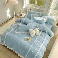 Princess Style Duvet Cover Set with Flat Sheet Pillowcases Korean Green Pink Girls Gift Spring Single Queen Size Bedding Kit