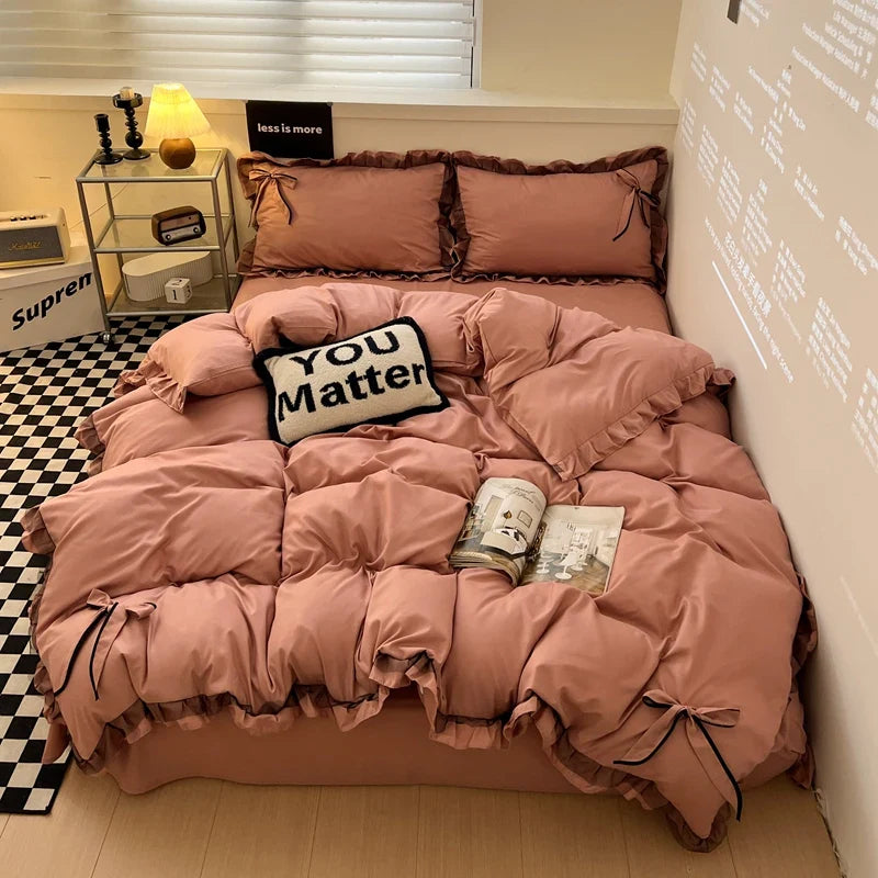 Bowknot Bedclothes Lace Style Bed Sheets Set Skin-friendly Bedding ropa de cama Single/Double/Queen/King Size Bed Linen Set