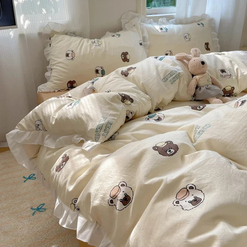 Blue Floral Ruffle Duvet Cover Set Queen Flower Leaf Comforter Covers 4Pcs Soft Luxury Pastoral Garden Washed Cotton Bedding Set