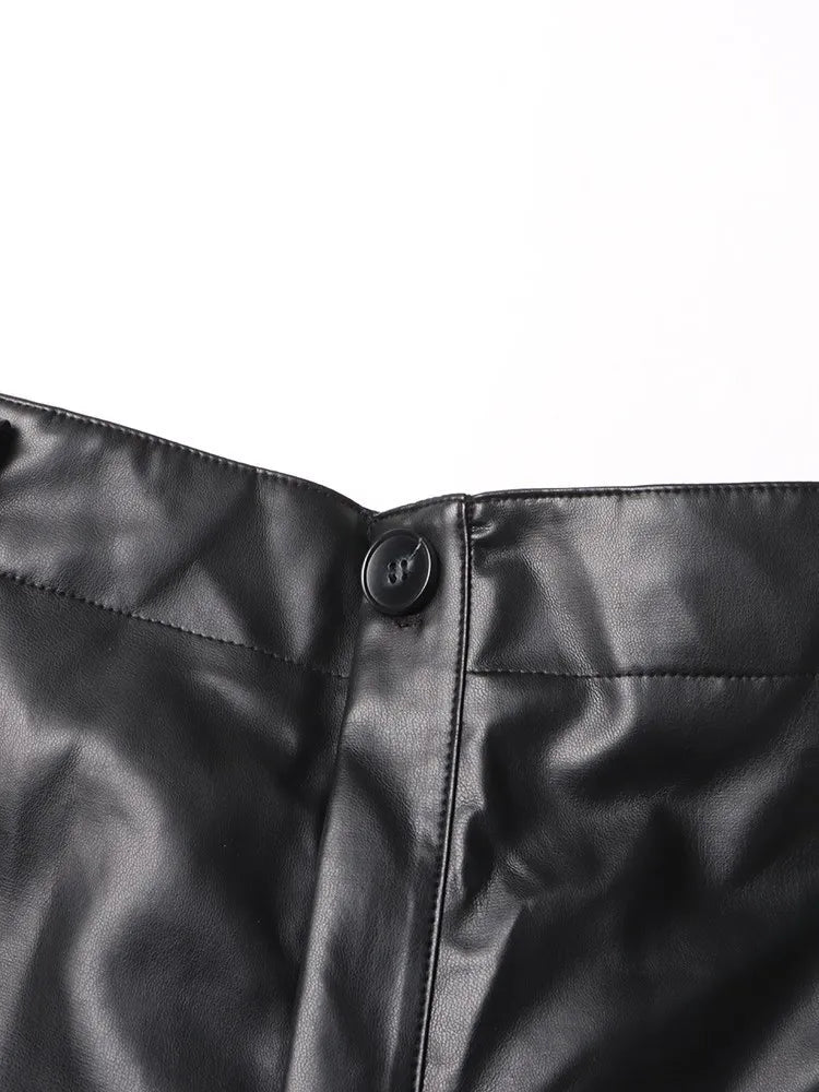 Patch-Pockets Vegan Leather Cargo Pants