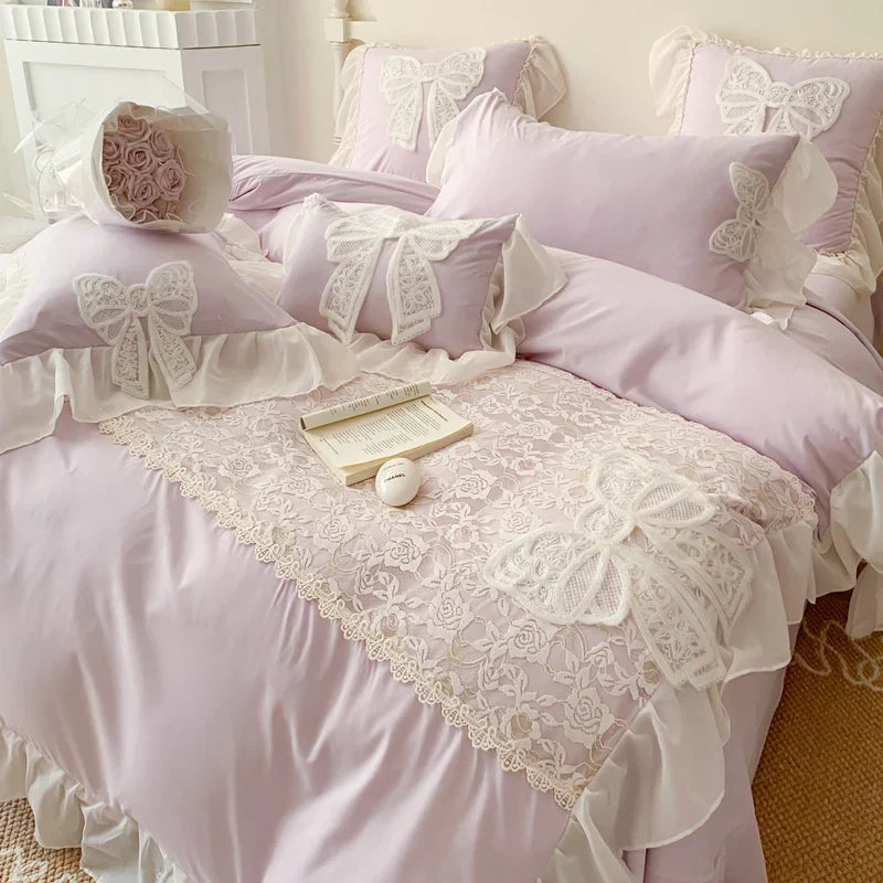 Korean Princess Bedding Set Lace Bow  Beauty Solid Color Lace Ruffle Quilt Cover Luxury Girls Wedding Home Textiles Duver Cover
