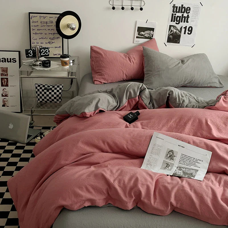 Beige Pink Bedding Set Solid 3/4pcs Home Linens Luxury Duvet Cover Pillowcase Flat Sheet Wash Cotton Twin King BedRoom Decor