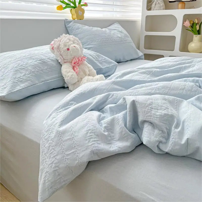 INS jacquard Wheat Grain Bedding Set Solid Color Duvet Cover Pillow Case Sheet Adults Girls Washed Cotton Bed Linen King Queen