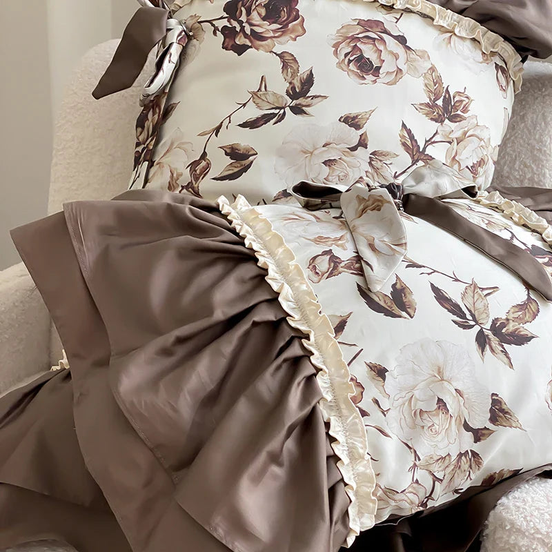1000TC Egyptian Cotton Brown French Vintage Flowers Printing Bedding Set Duvet Cover Set Flat/Fitted Bed Sheet Pillowcases 4Pcs