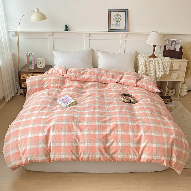 2025 New All-cotton Washed Cotton Single Quilt Set Printed Plaid Duvet Cover 150x200 220x240 Skin Friendly Bedding
