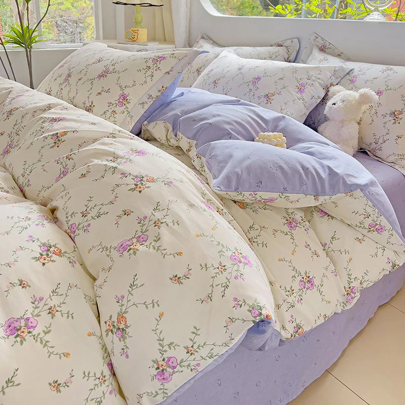 2025 Hot Flora Style Bedding Set Princess Printed Four Piece Set Flowers  Bed Sheet Set Duvet Cover Queen King Size Home Decor