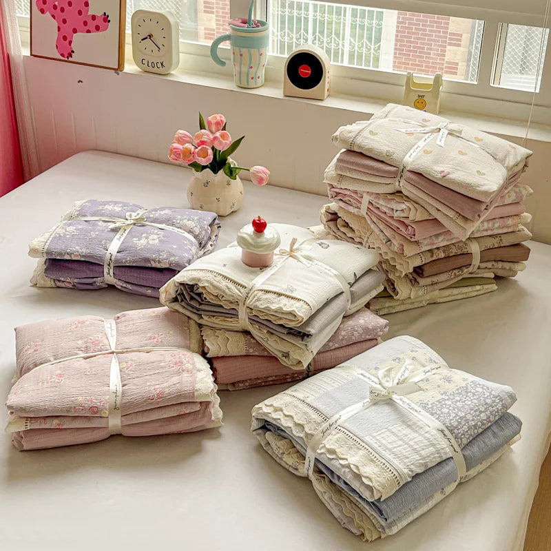 2025 New Bedding Set INS Princess Soft Bed Flat Sheet Set Twin Queen Double Size Cotton Lace Duvet Cover Pillowcase Bed Linen