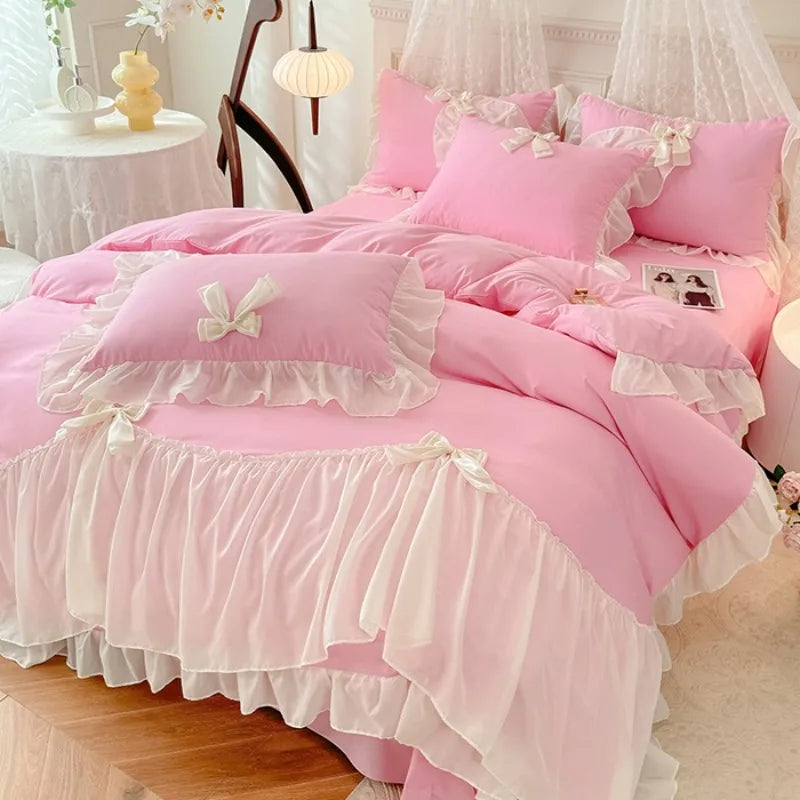 4pcs White Bedding set ruffles Duvet Cover Set (1*Duvet Cover + 2*Pillowcase, 1*sheet/fitted sheet)for bedroom guest room