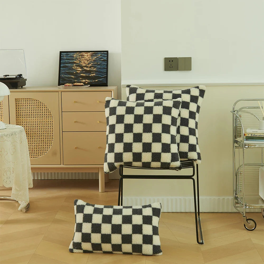 Checkered Cushion Cover Checkerboard Throw Pillowcase Short Fleece Square Pillow Cover For Home Living Room Sofa Decoration