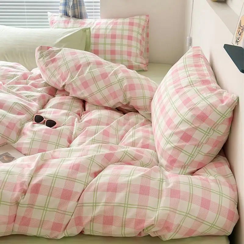 INS Pink Green Lattice Stripe Bedding Set Plaid Duvet Cover Soft Microfiber Bed Linen Twin Full Queen Size Grid Home Textiles