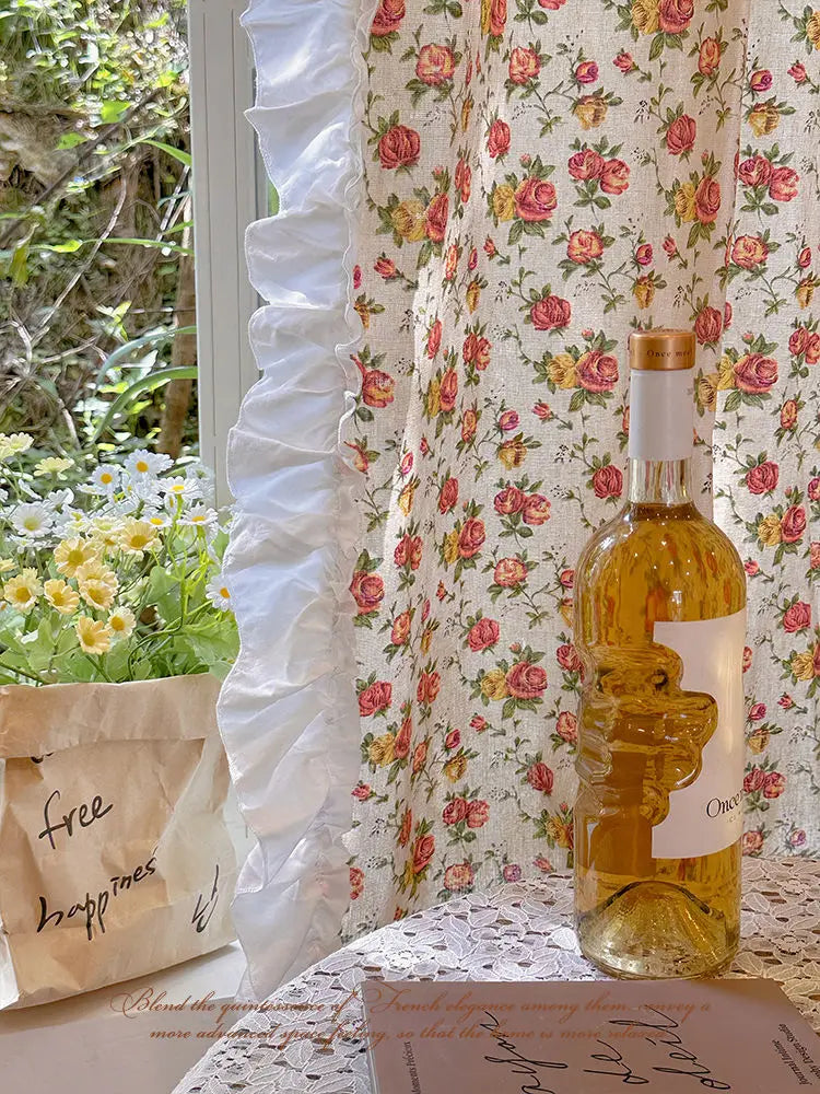 American Ruffled Edge Curtains, Lace French Countryside Style Printed Rose Bedrooms, Ins Style Bay Windows, Screen Curtains,