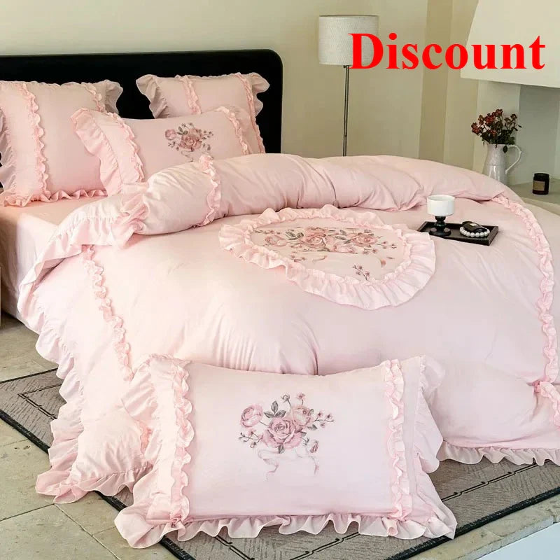 4Pcs Rose Flowers Embroidery Bedding Set Double King Queen Size Pink Girls Bedroom Duvet Cover Flat/Fitted Bed Sheet