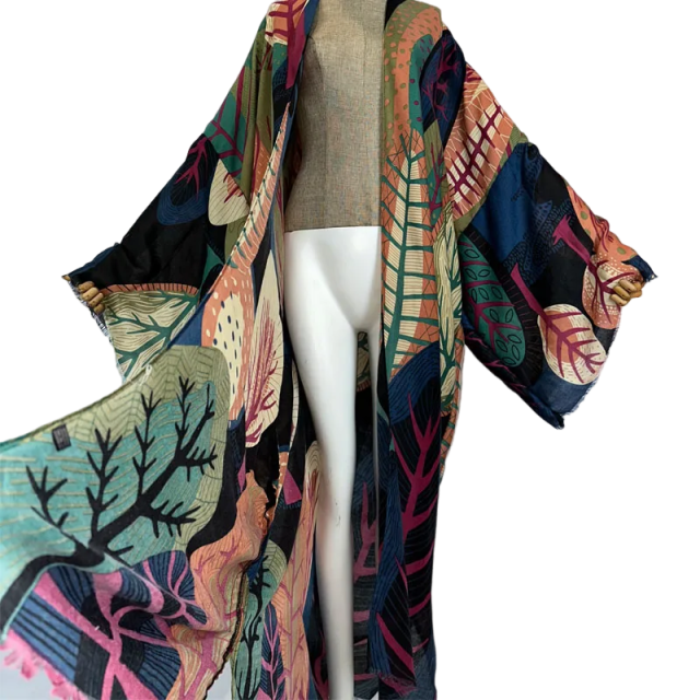Vibrant Leaf Print Kimono Cardigan - WINI