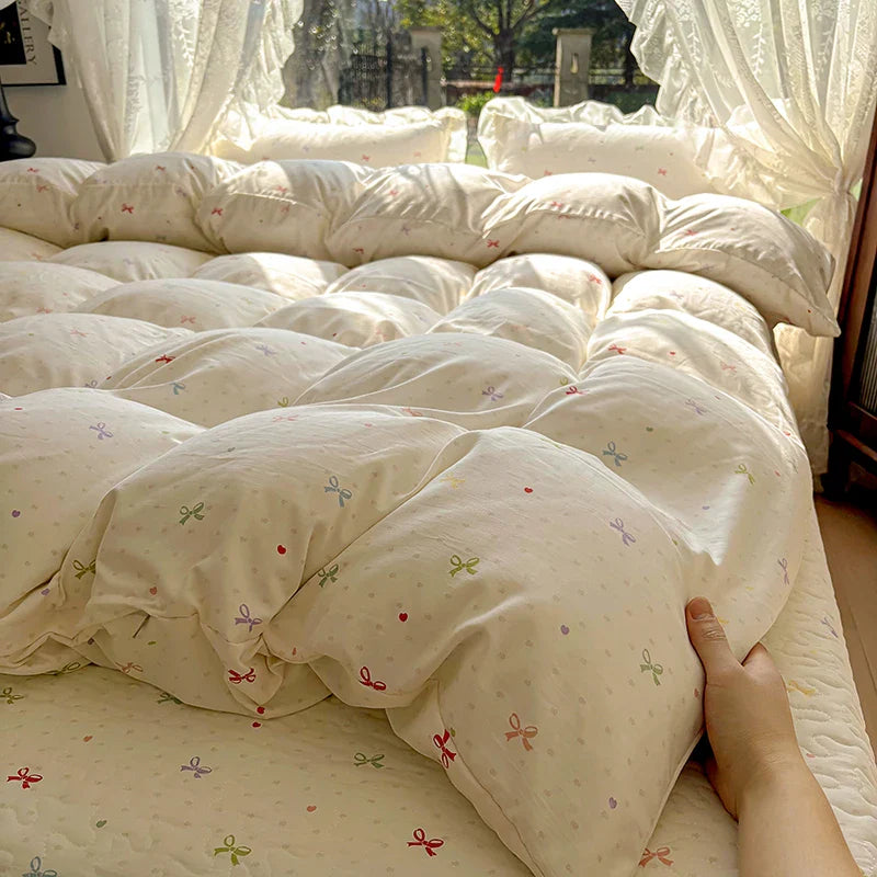 2025 new soft waxy waxy wash quilt cover Knitted double layer single bed sheet Little fresh polka dot bedding