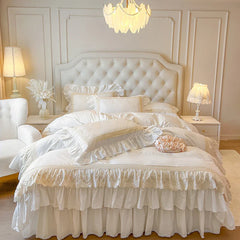 4/6Pcs Vintage French  Double Layer Ruffles Princess Wedding 100% Cotton Bedding Set Duvet Cover Bed Skirt Bedspread Pillowcases