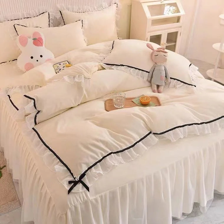 Checkered Bedding Set Bed Skirt Ruffle Lace Princess Style Girls Duvet Cover Simple Solid Color Home Textiles Decor Bedroom