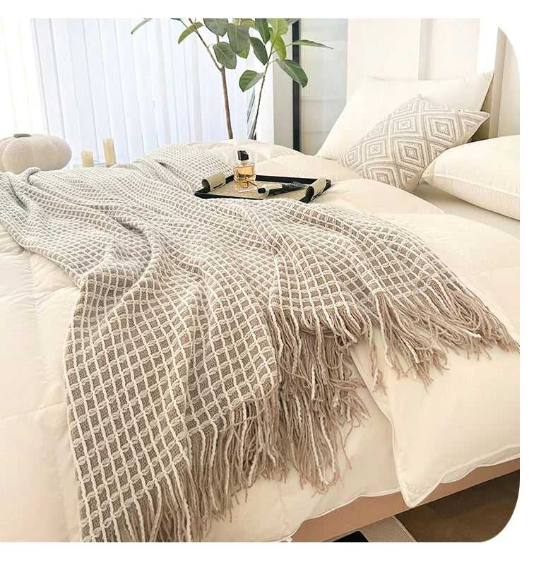 Modern Plaid Tassels Bed Flag Bed Tail Scarf  Runner Upscale Household Bedroom Hotel  Flag Bed End Towel  End Blanket