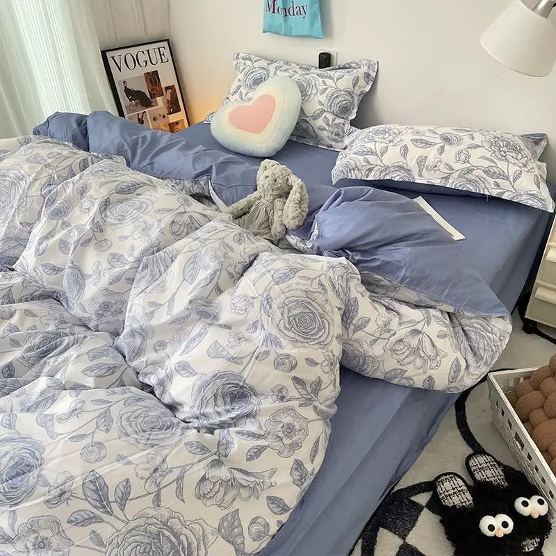 Floral Korean Style Duvet Cover Set No Filler Pillowcase Flat Sheet Twin Queen Size Boys Grils Romantic Bedding Kit