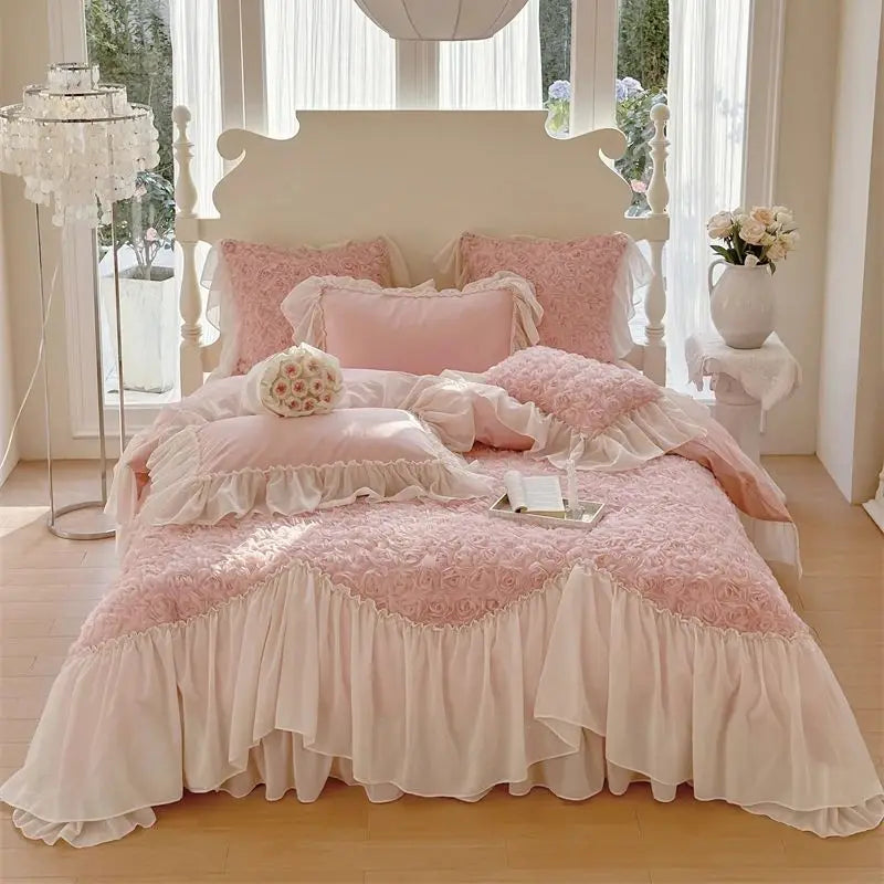 Three-Dimensional Rose Flowers Lace Ruffles Patchwork Bedding Set, Duvet Cover, Bed Sheet, Pillowcases, Pink, Egyptian Cotton