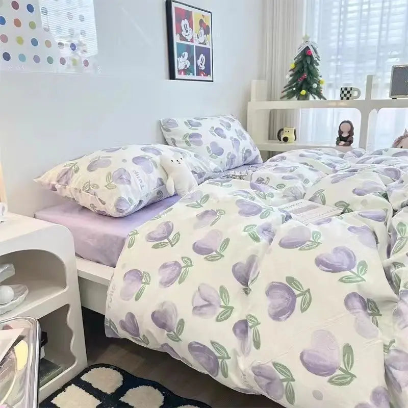 Floral Korean Style Duvet Cover Set No Filler Pillowcase Flat Sheet Twin Queen Size Boys Grils Romantic Bedding Kit