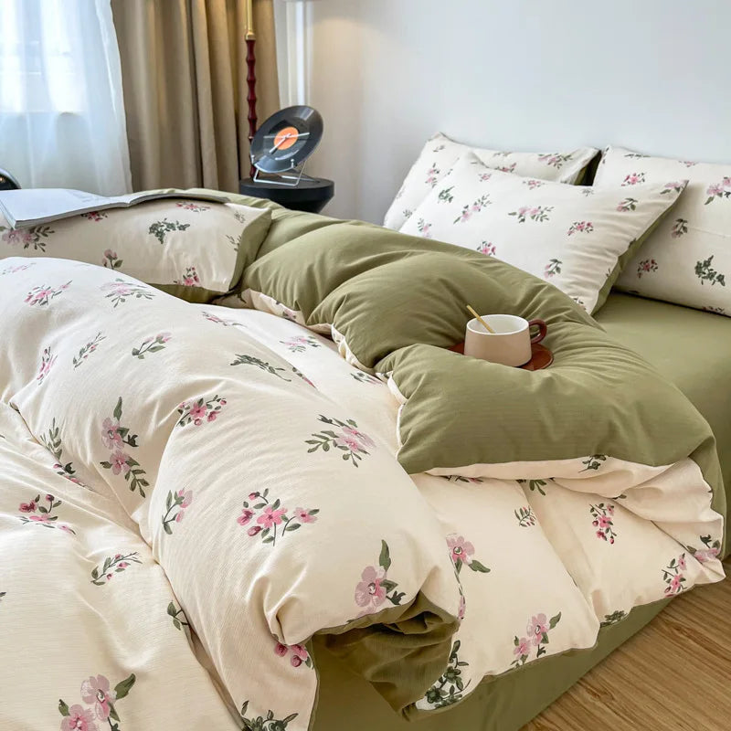 Vintage Floral Style Bedding Set No Filler Soft Fall Winter Thickening Duvet Cover Flat Sheet Pillowcase Full King Bed Linen
