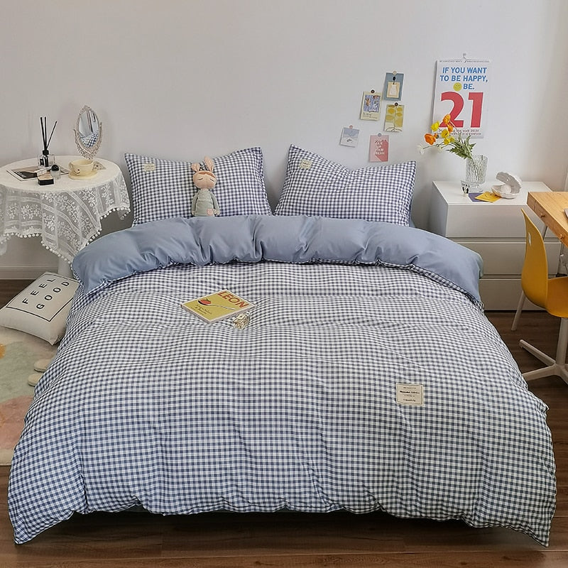 100% Cotton Japanese Simple Style Duvet Cover,Bedding Set With Plaid Stripe,Skin Friendly Breathable,1 Duvet Cover,2 Pillowcase