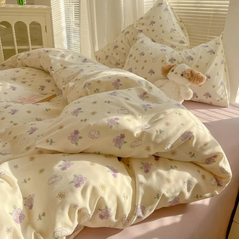 2025 new class A aerobic knitted cotton printing small fresh four-piece set, bed sheet, bed hat four-piece set