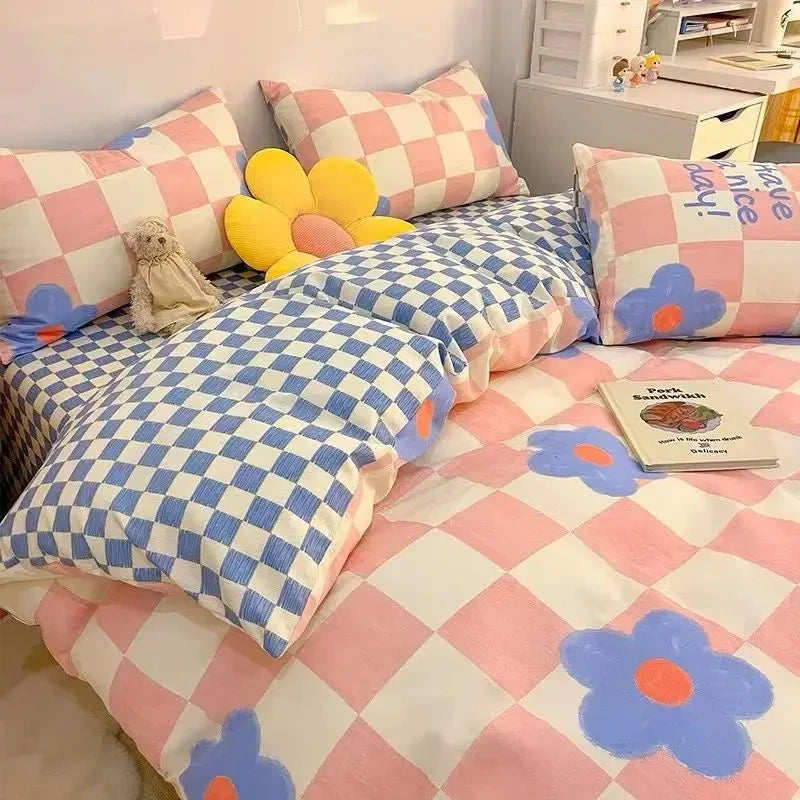 Checkerboard Bedding Set No Comforter Quilt Duvet Cover Pillowcase Flat Sheet Single Queen Size Polyester Bedclothes