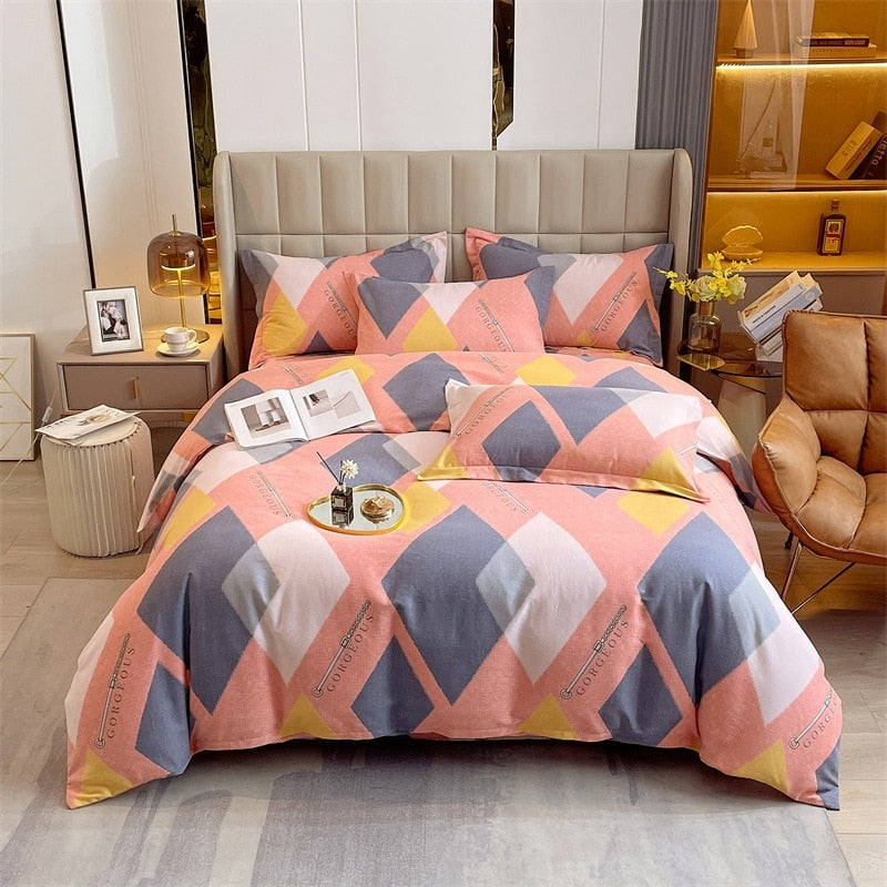 4pcs Autumn and Winter Thickening Soft Bedroom Bedding Set Home Textile Geometric Pattern Sheet Quilt Cover Pillowcase