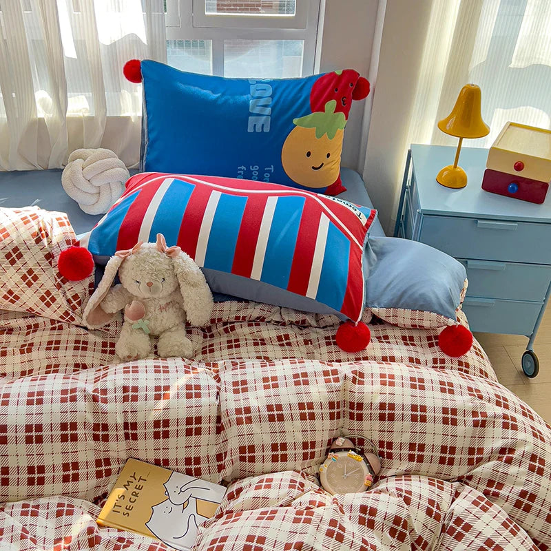 4pcs  Grid positionin bedding Set (1*Duvet Cover +1 flat sheet + 2*Pillowcase, Wool ball decorative duvet cover pillowcases