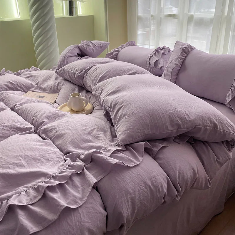 INS Princess Grey Bedding Sets 2025 Solid Color Ruffle Quilt Cover Romantic Bed Sheet Sets Girls Bedroom Duvet Cover 4pcs