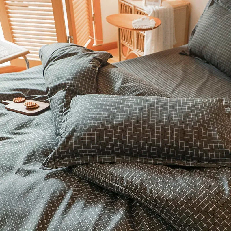 Black White Small Checks Printed Bed Set Floral Duvet Cover Pillowcase Bedding Set Bed Sheet Quilt Cover Single Queen King Size