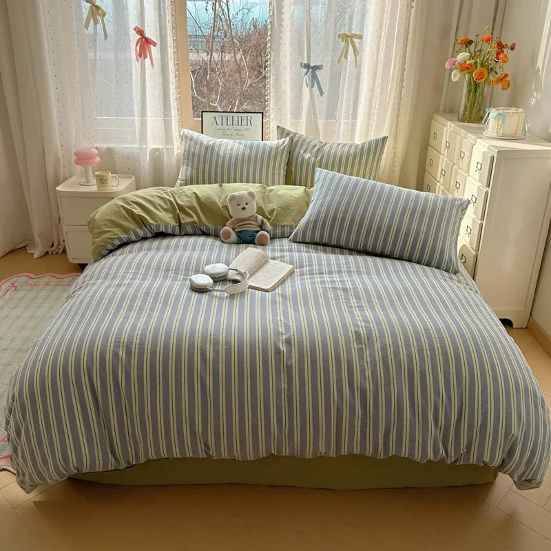 Striped Bedding Set INS Nordic Girls Soft 100% Cotton Bed Sheet Queen King Size Duvet Set Comforter Set Pillowcase Bed Linens