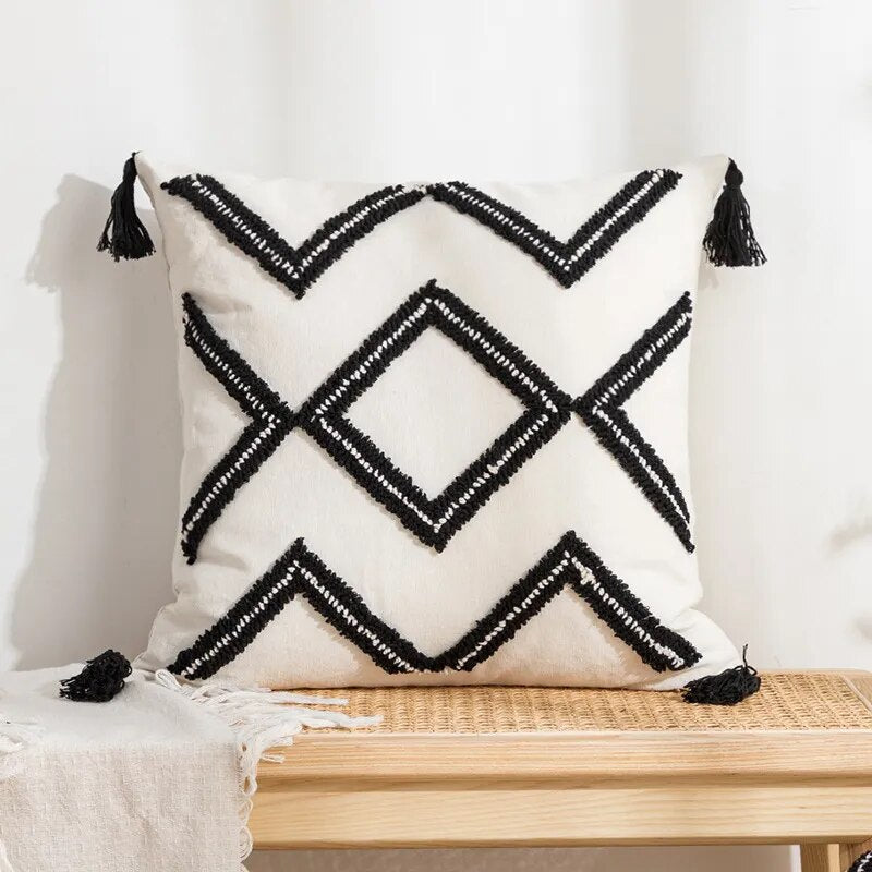 Grey White Simple Loop Tufted Cushion Cover Wabi Sabi Geometric Embroidery Tassel Pillow Cover Home Decorative Cushions for Sofa