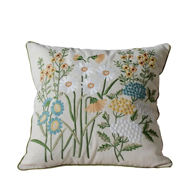 45x45cm Throw Pillows Cotton Linen Flower Embroidery Pillowcase Cover Sofa Car Cushion with Core Home Decor for Living Room