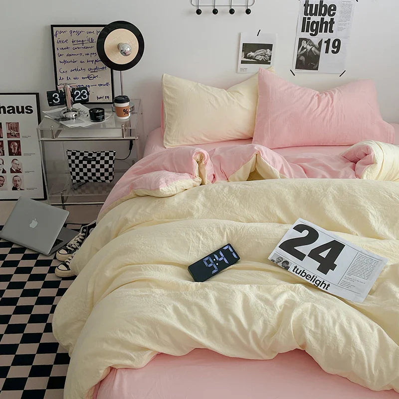 Beige Pink Bedding Set Solid 3/4pcs Home Linens Luxury Duvet Cover Pillowcase Flat Sheet Wash Cotton Twin King BedRoom Decor