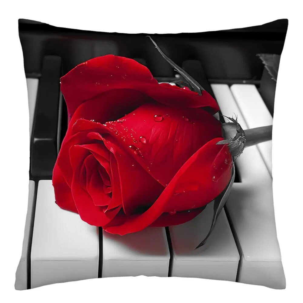 45x45cm Red Rose Flower Cushion Cover Home Wedding Decoration Sofa Bed Lumbar Pillowcase Polyester Red Rose Print Pillow Case