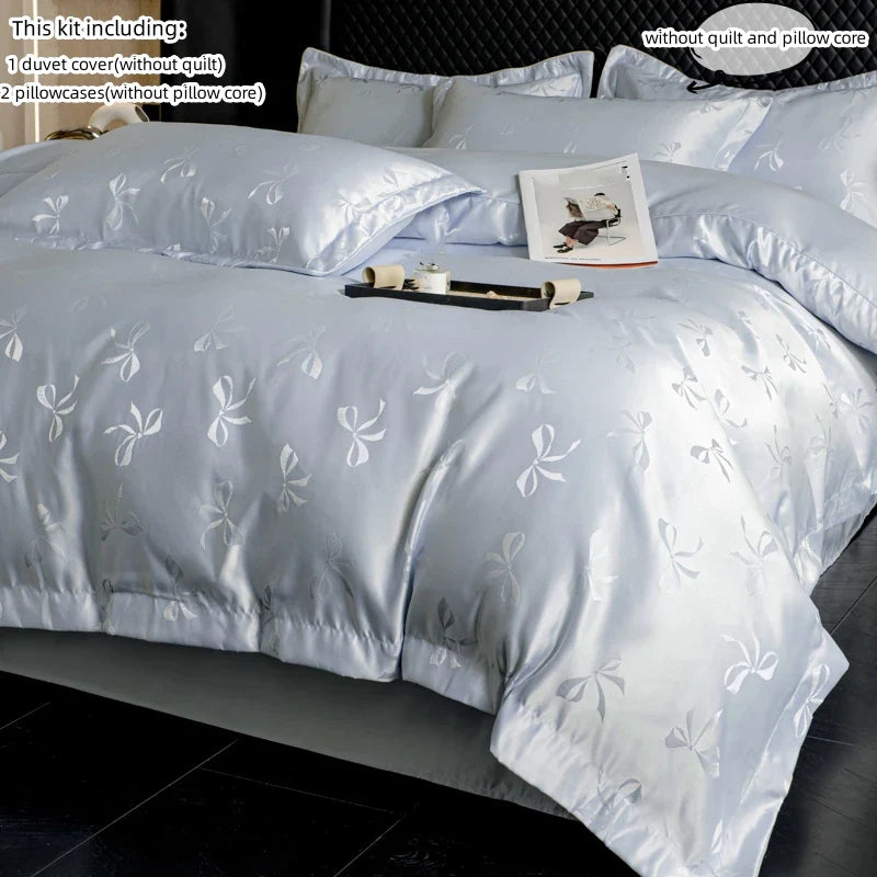 3pcs Cream color Duvet Cover Set (1*Duvet Cover + 2*Pillowcase, Without Core), bow jacquard Bedding Set