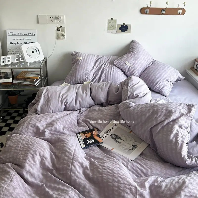 Bedding Set Luxury High Grade Light  Washable Cotton Waffle Four Piece  Olive Green Quilt Cover Bed Sheet Dormitory Three Piece