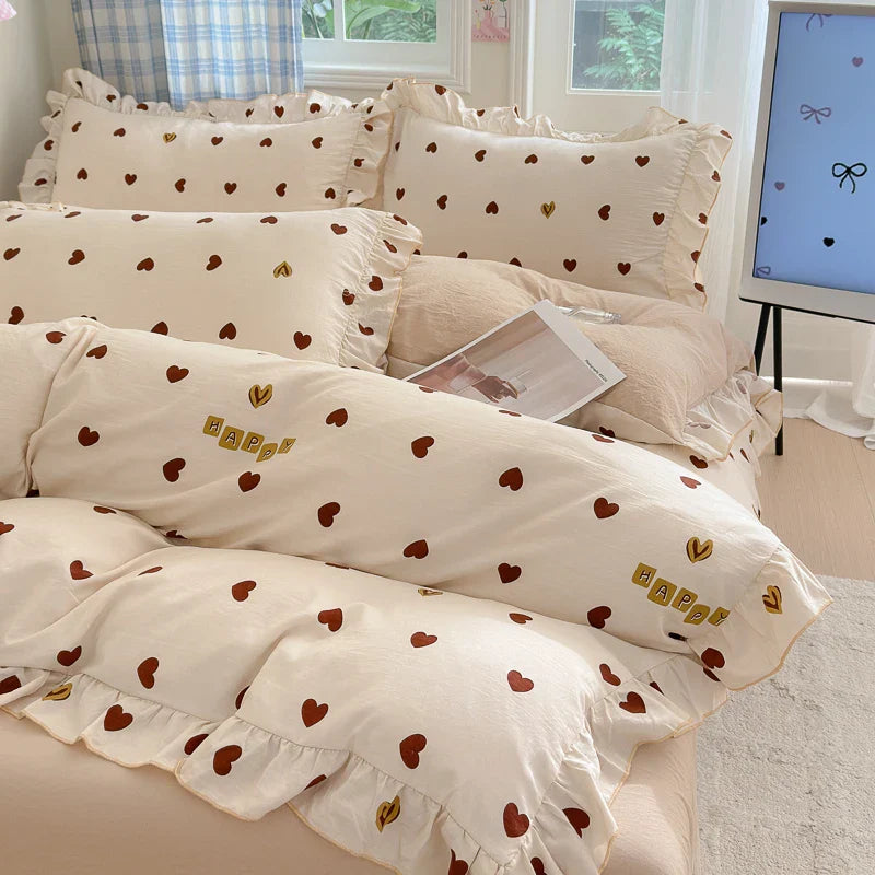 4pcs  Korean lace Duvet Cover Set (1*Duvet Cover +1 flat sheet + 2*Pillowcase, Without Core), Fresh Flower Print Bedding Set