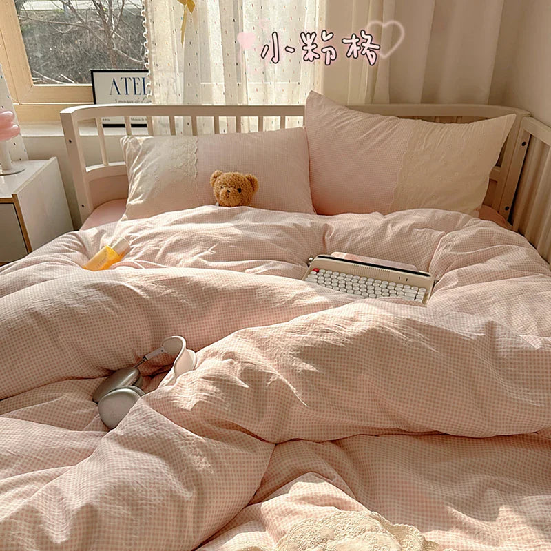 Plaid Pattern Bedding Set INS Princess Soft Washed Cotton Bed Flat Sheet Twin Queen Double Size Duvet Set Pillowcase Bed Linens