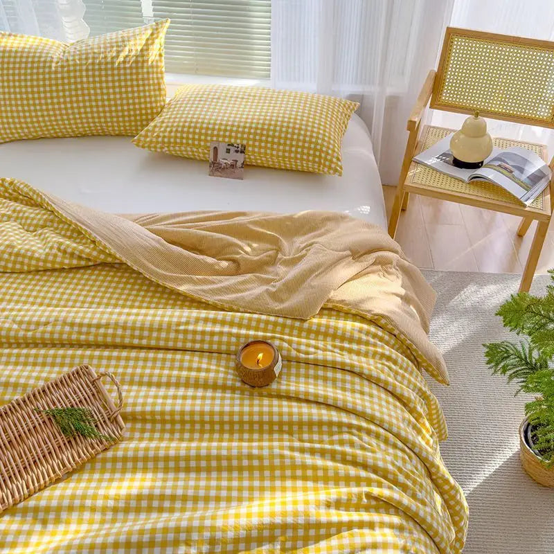 Thin Summer Quilt New Japanese Style Blue Pink Plaid Twin Queen Size Blanket Soft Kids Adult Ins Washable Cool Quilt