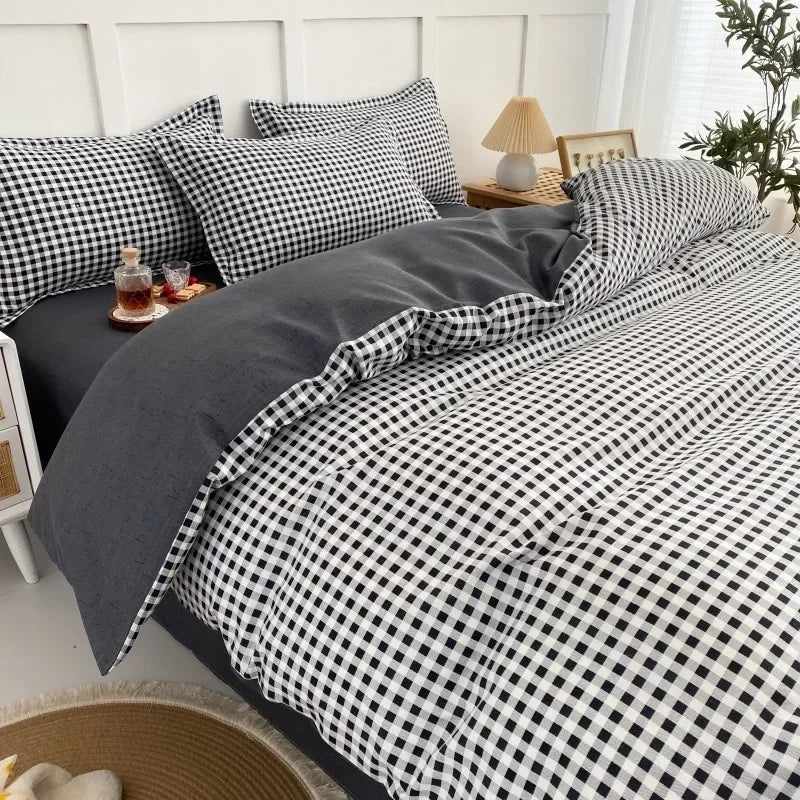 Black White Small Checks Printed Bed Set Floral Duvet Cover Pillowcase Bedding Set Bed Sheet Quilt Cover Single Queen King Size