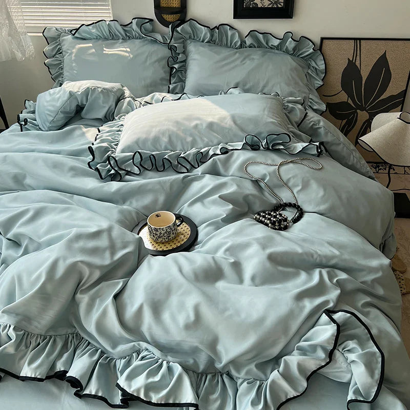 3/4Pcs Korean Princess Style Ruffles Bedding Set Skin-friendly Soft Silky Cool Feeling Duvet Cover Set Bed Sheet Pillowcases