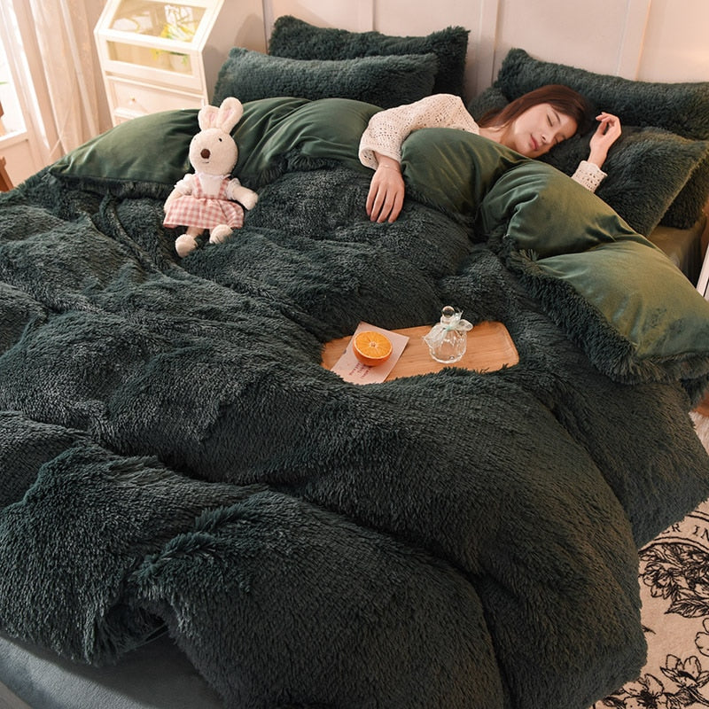 4pcs Autumn and Winter Warm and Thick Solid Color King Size Bedding Set Sheet Quilt Cover Pillowcase 220x240cm