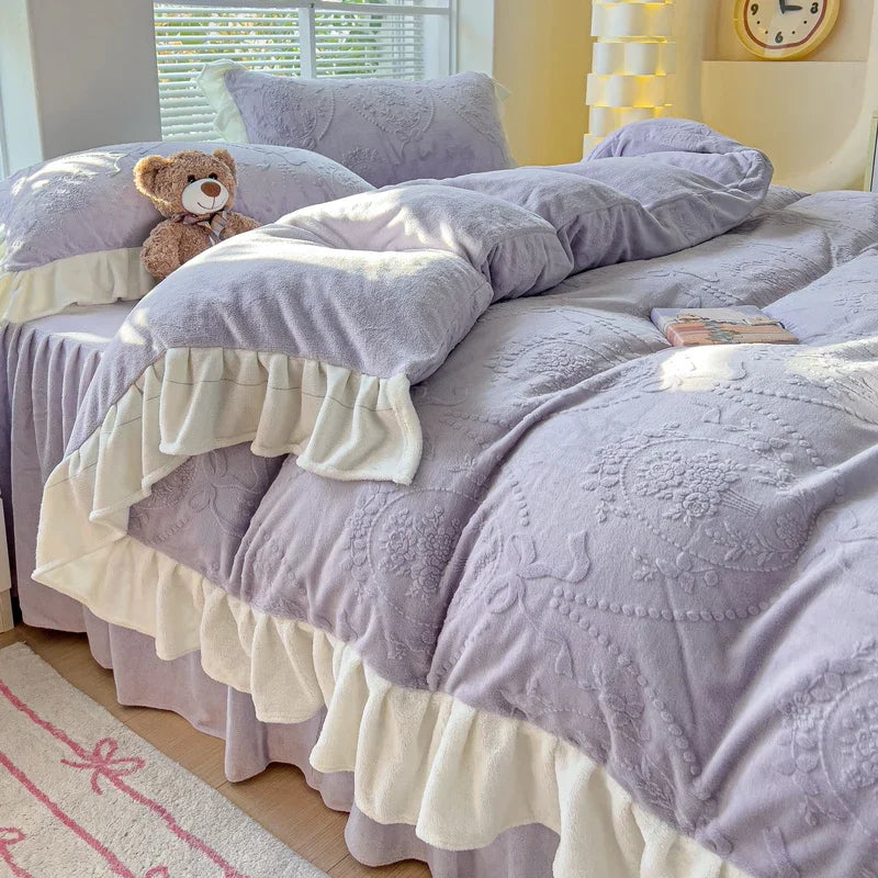 Warm Carved Milk Fleece Four-piece Winter Thickened Princess Wind Double-sided Fleece Bed Skirt Bed Sheet Bedding