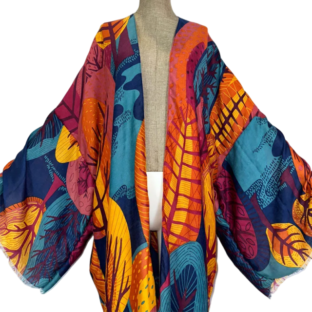Vibrant Leaf Print Kimono Cardigan - WINI