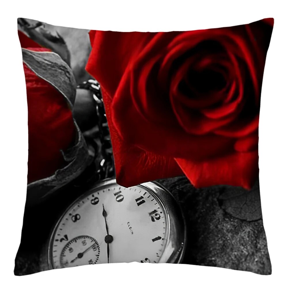 45x45cm Red Rose Flower Cushion Cover Home Wedding Decoration Sofa Bed Lumbar Pillowcase Polyester Red Rose Print Pillow Case