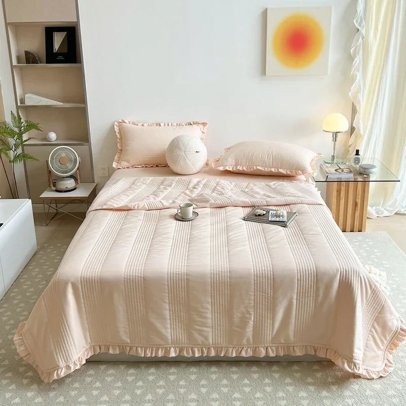 INS Style White Pink Quilted Ruffles Quilt Blanket Bedspread Washed Solid Color Korean Princess Style Summer Thin Quilt 1/3Pc